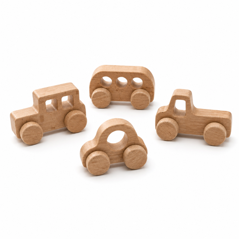 Handmade Wooden Toy Vehicle Set.