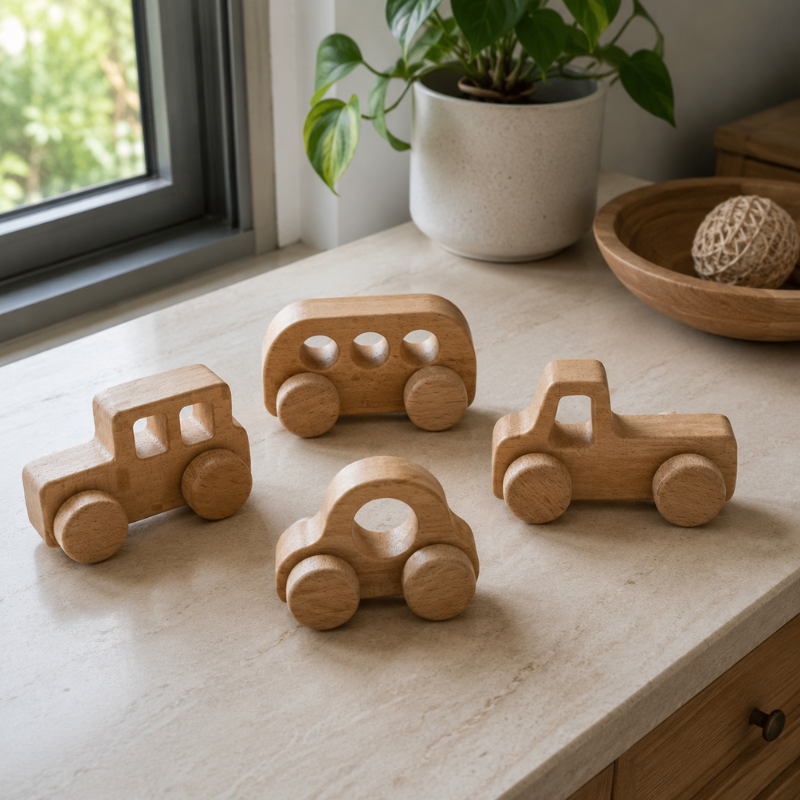 Handmade Wooden Toy Vehicle Set.