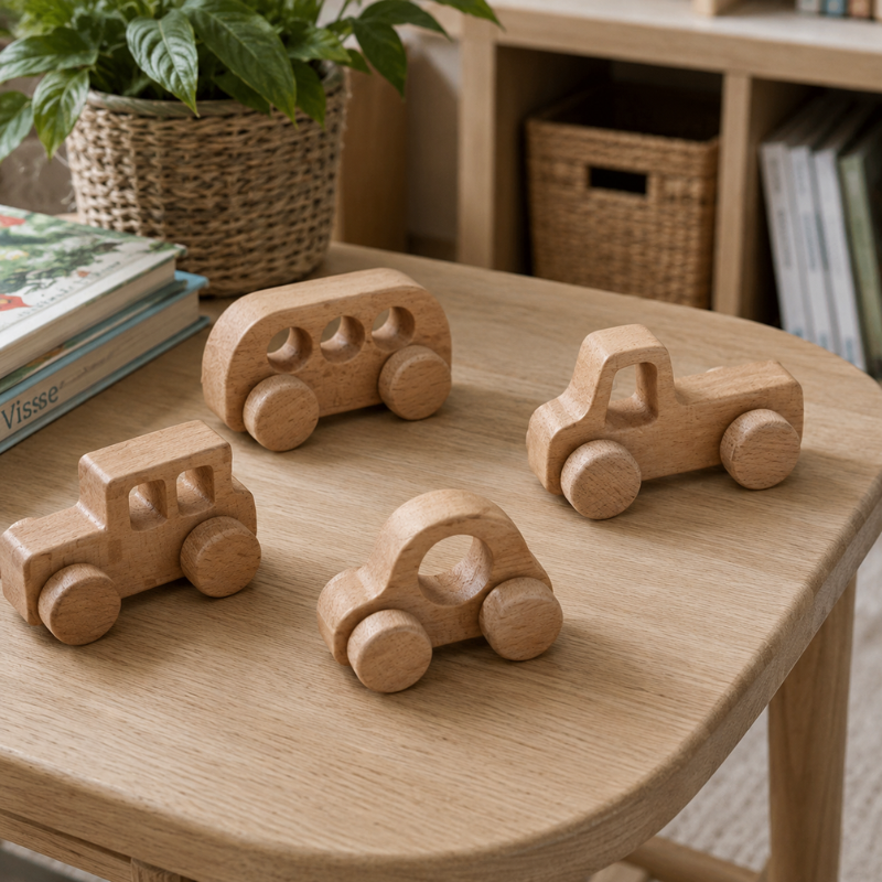 Handmade Wooden Toy Vehicle Set.