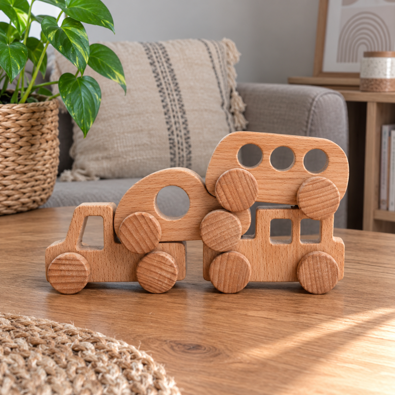 Handmade Wooden Toy Vehicle Set.