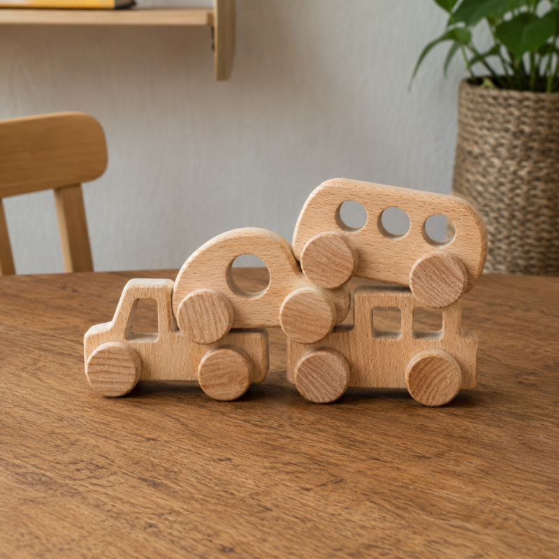 Handmade Wooden Toy Vehicle Set.